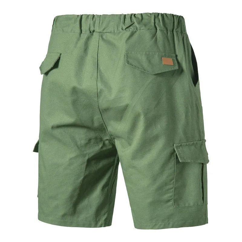 Casual cotton blend multi-pocket men's shorts in Army Green, front view, sizes S-3XL
