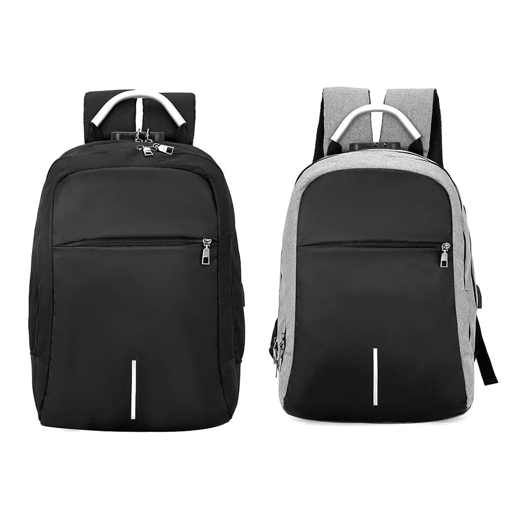 USB charge anti theft backpack in black polyester with zipper closure, 43x26x13cm, fits MacBook Air and iPad