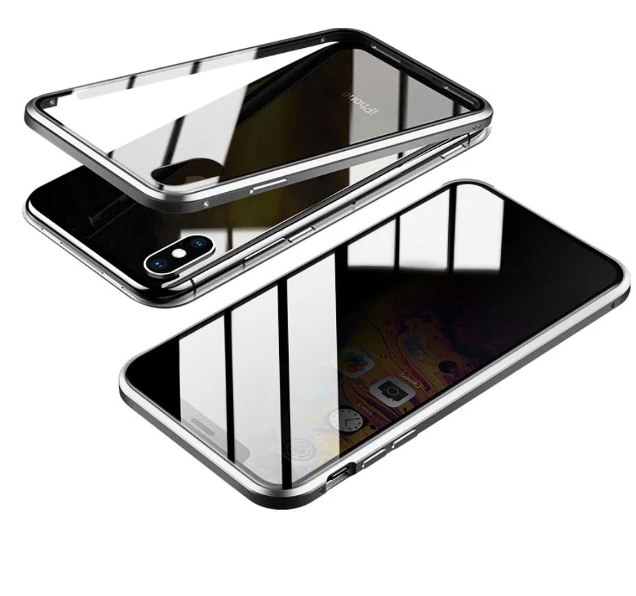 Machined glass clamshell anti-spy phone case in black, shown closed and open next to an iPhone.