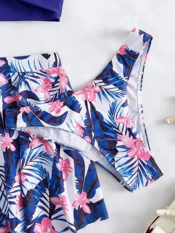 Women's high-waisted three-piece bikini swimsuit set in polyester fabric with belly coverage