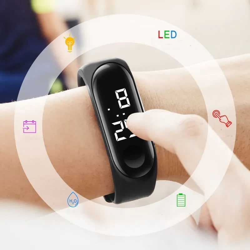 Waterproof touch electronic LED watch with 30mm square plastic case and silicone strap, showing digital display