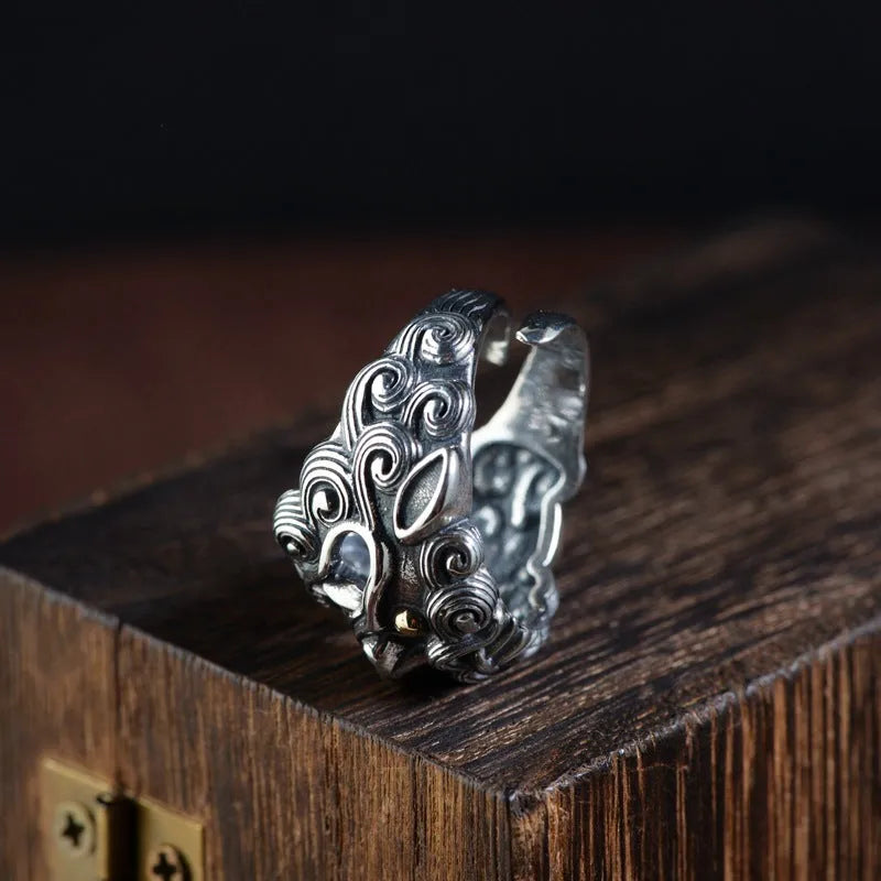Silver open ring with detailed Jibeast pattern zodiac animal design and retro styling