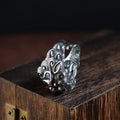 Silver open ring with detailed Jibeast pattern zodiac animal design and retro styling