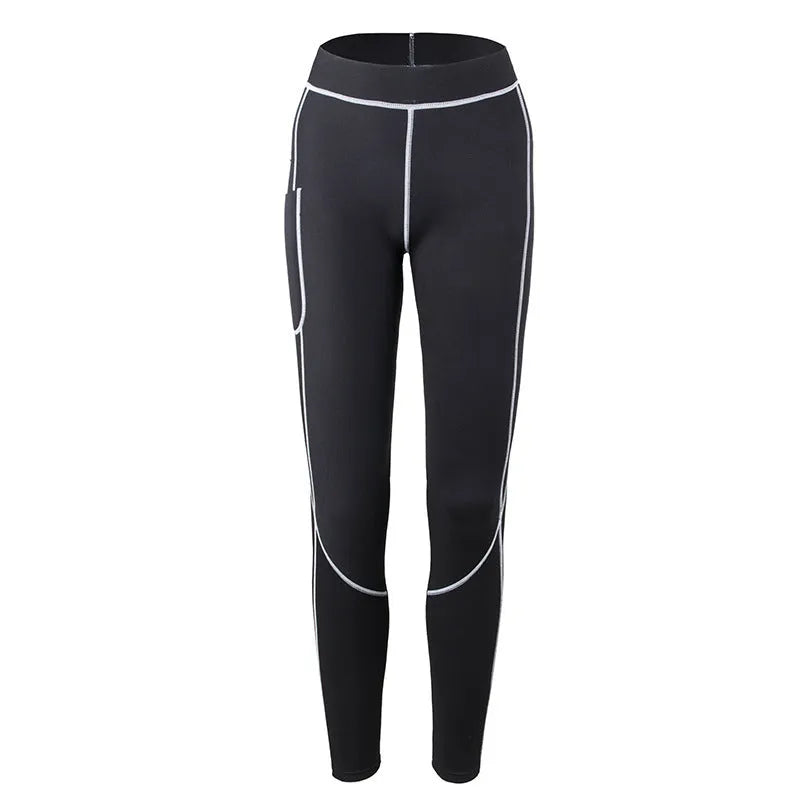 Black shaping fitness pants with compression nylon and neoprene fabric for running and gym workouts