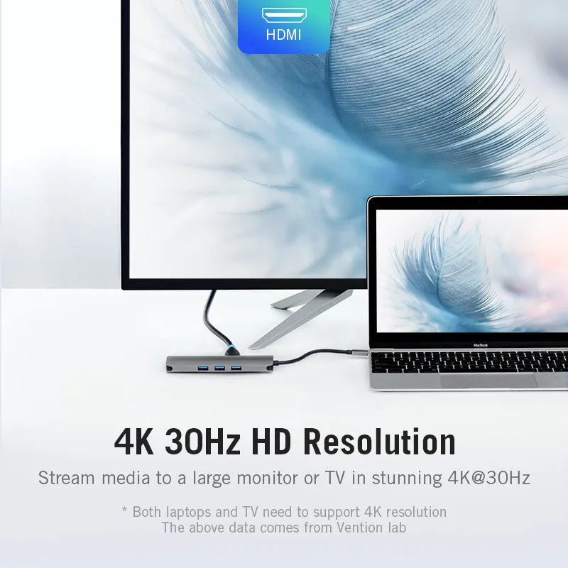 Deep grey aluminium Type-C hub with HDMI, USB 3.0, Ethernet, SD, and TF card ports on a 15cm cable.