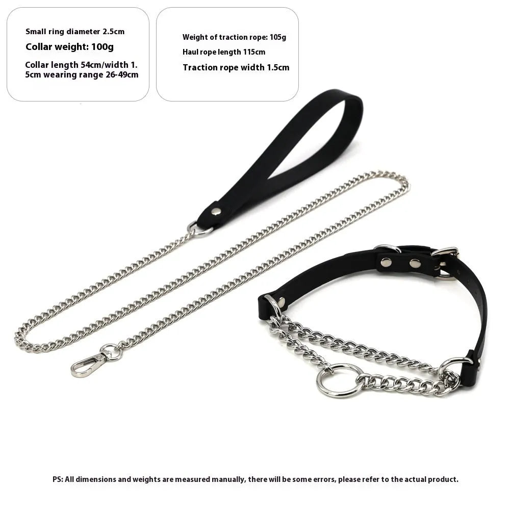 Black cowhide leather collar and matching leash bondage set