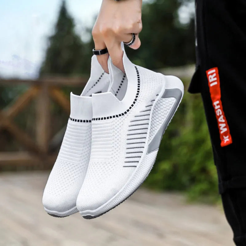 Men's breathable mesh sock shoes with flyknit upper and striped design in low-top slip-on style