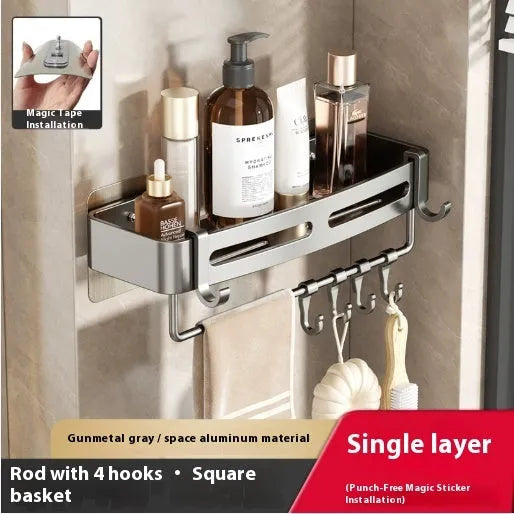 Gun grey triangle-shaped bathroom shelf with adhesive wall mount and optional towel rod.