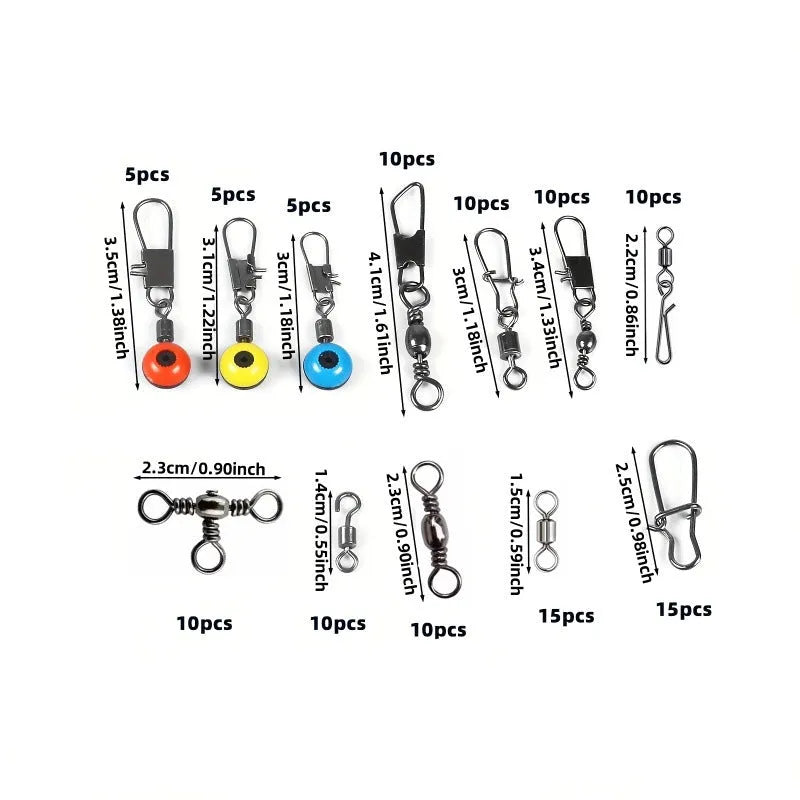 Box of 115 fishing connector swivels with rotating sea bean design in plastic and stainless steel