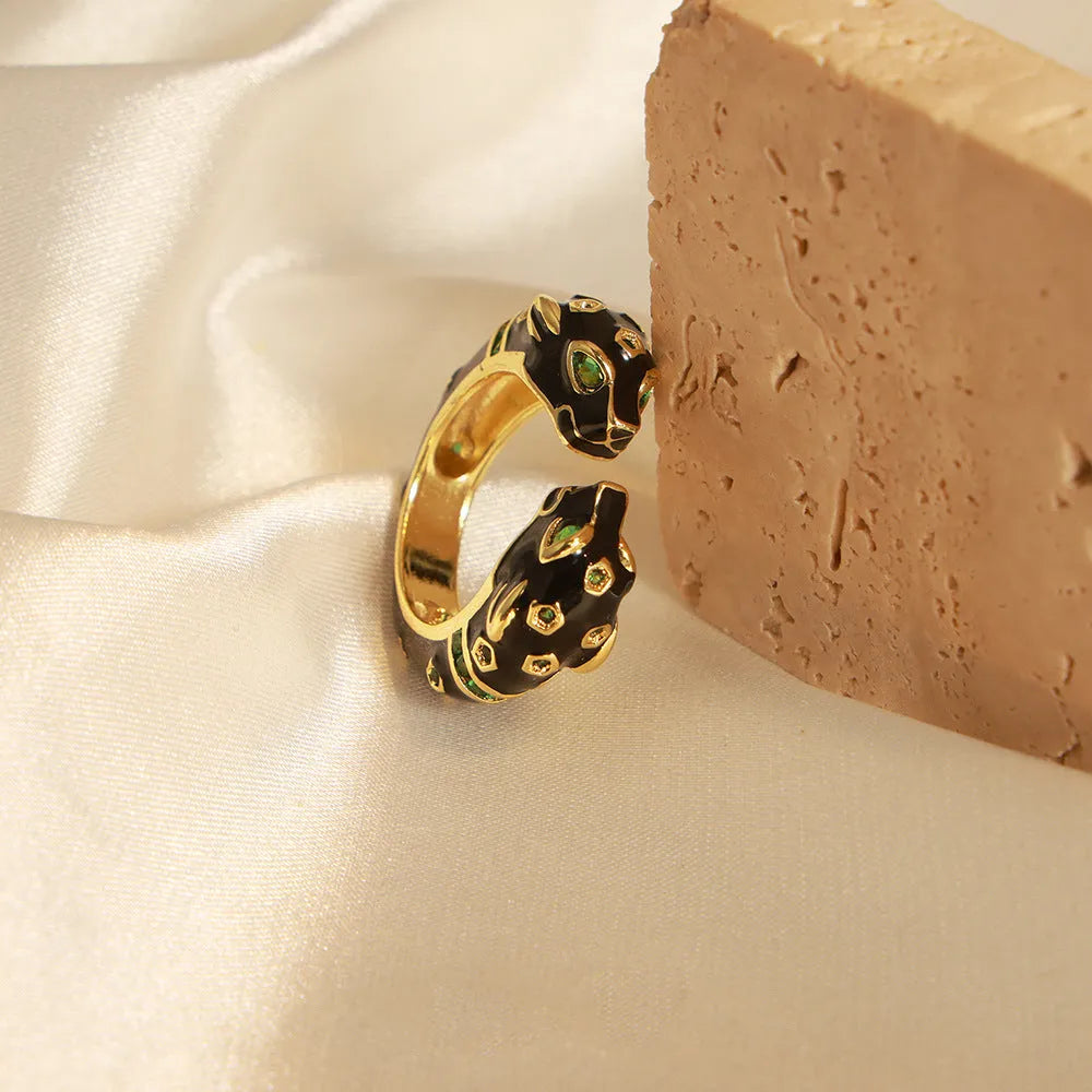 Women's black cheetah pattern geometric open ring with oil drip effect, size no.7
