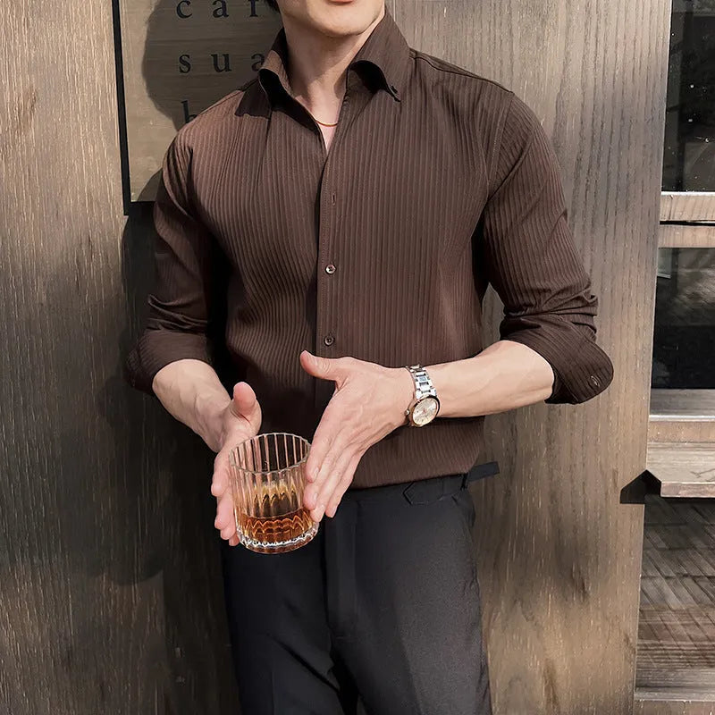 Men's striped V-neck long sleeve casual shirt in polyester blend fabric available in multiple colours