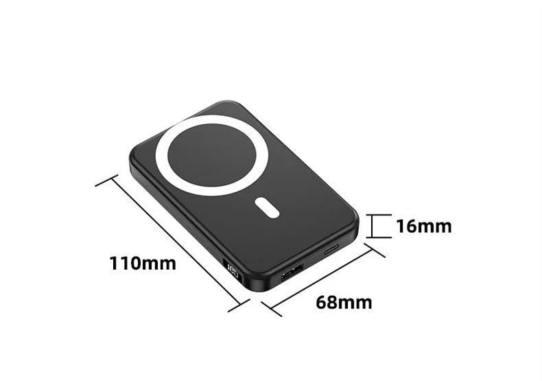 Ultra-thin portable power bank with wireless magnetic charging in white, black, or blue colour options