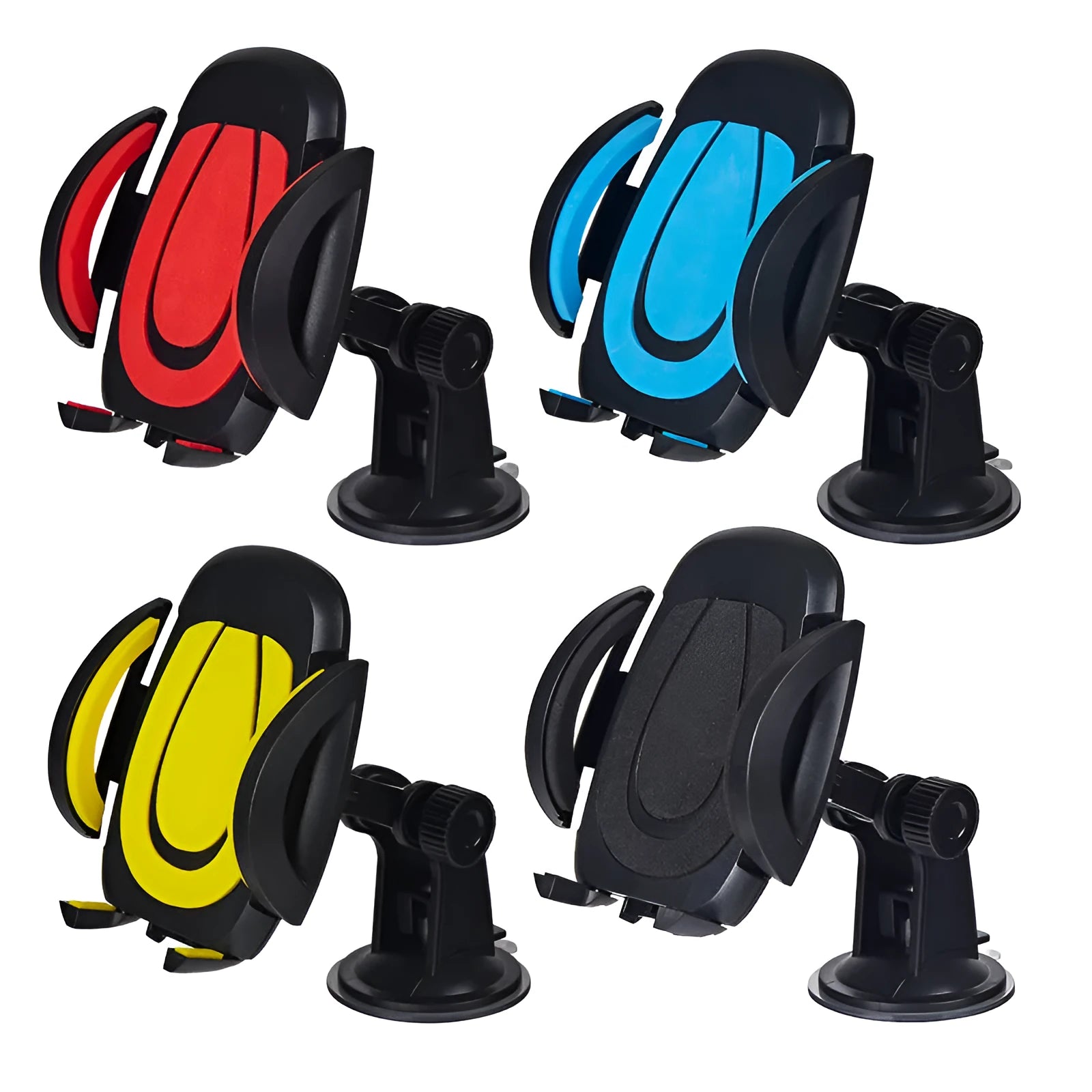Red ABS suction cup U-shaped mobile phone bracket with open clamp arms on a car dashboard.