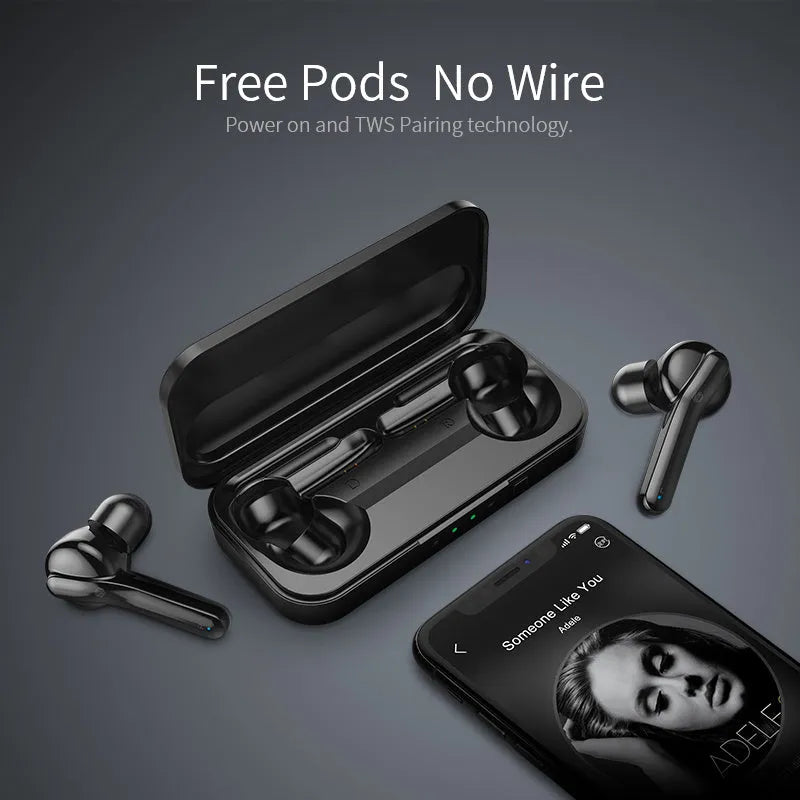 Black and white true wireless earbuds with charging case on a table, showing compact design.
