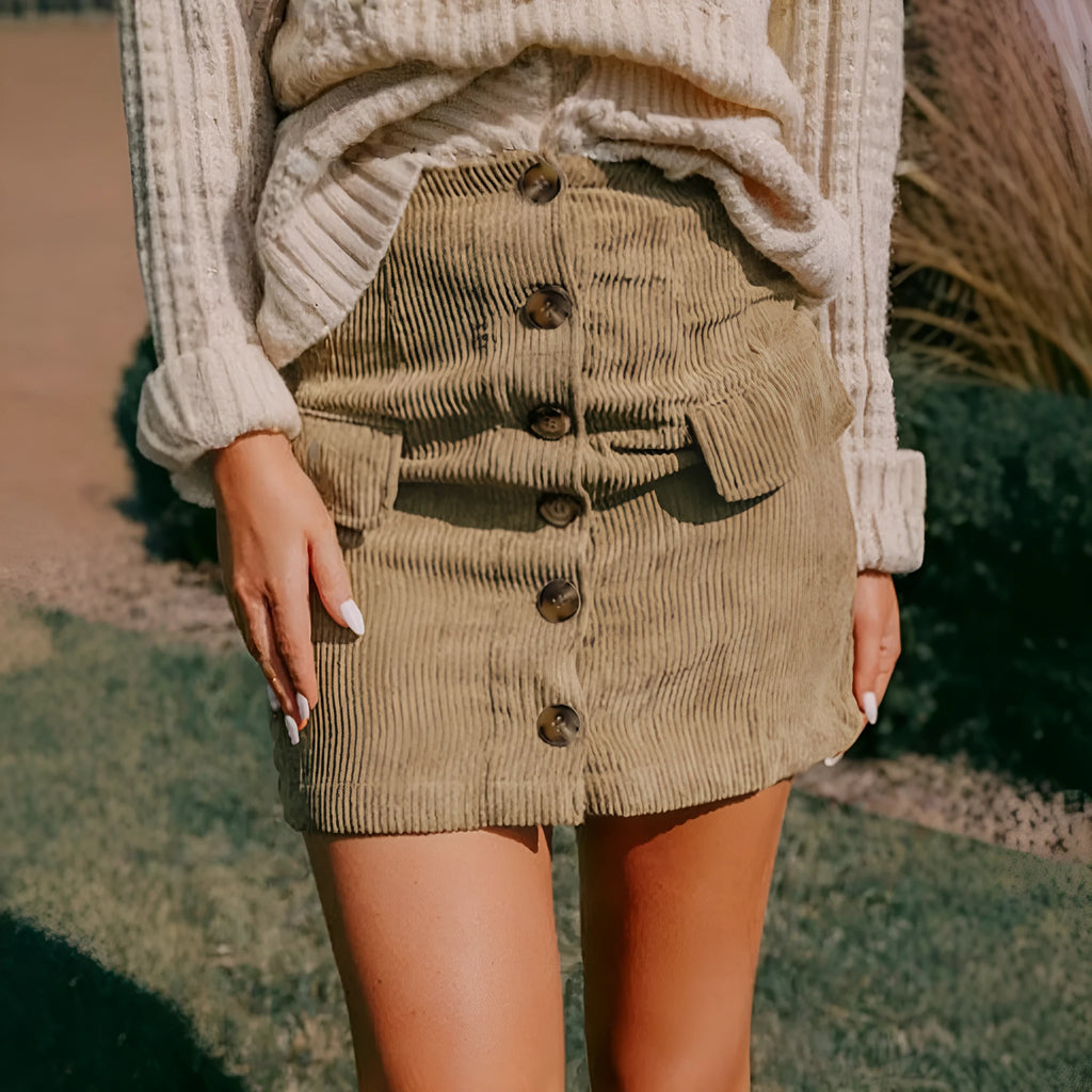 Women's corduroy hip skirt in solid coffee colour, short street-style design with button detail, sizes S to XL