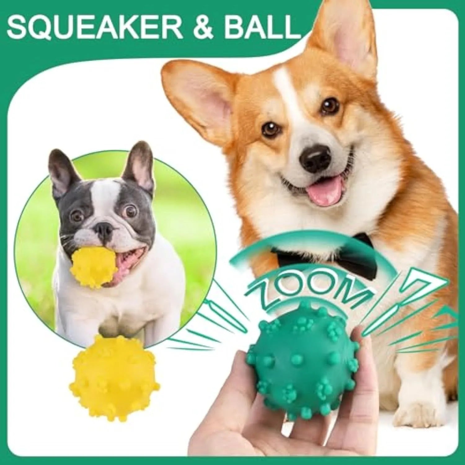Set of four brightly coloured squeaky dog balls with a textured surface, shown next to a small dog.