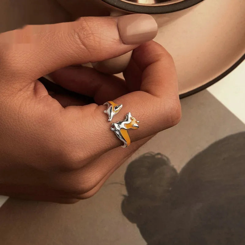 Cartoon Corgi dog design silver plated ring for women with electroplated SCR1014-E finish