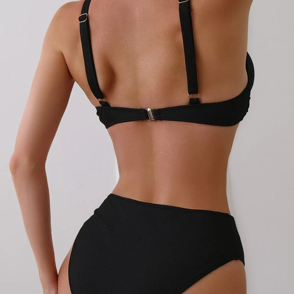 Women's solid colour rib fabric bikini set with briefs bottom in polyester
