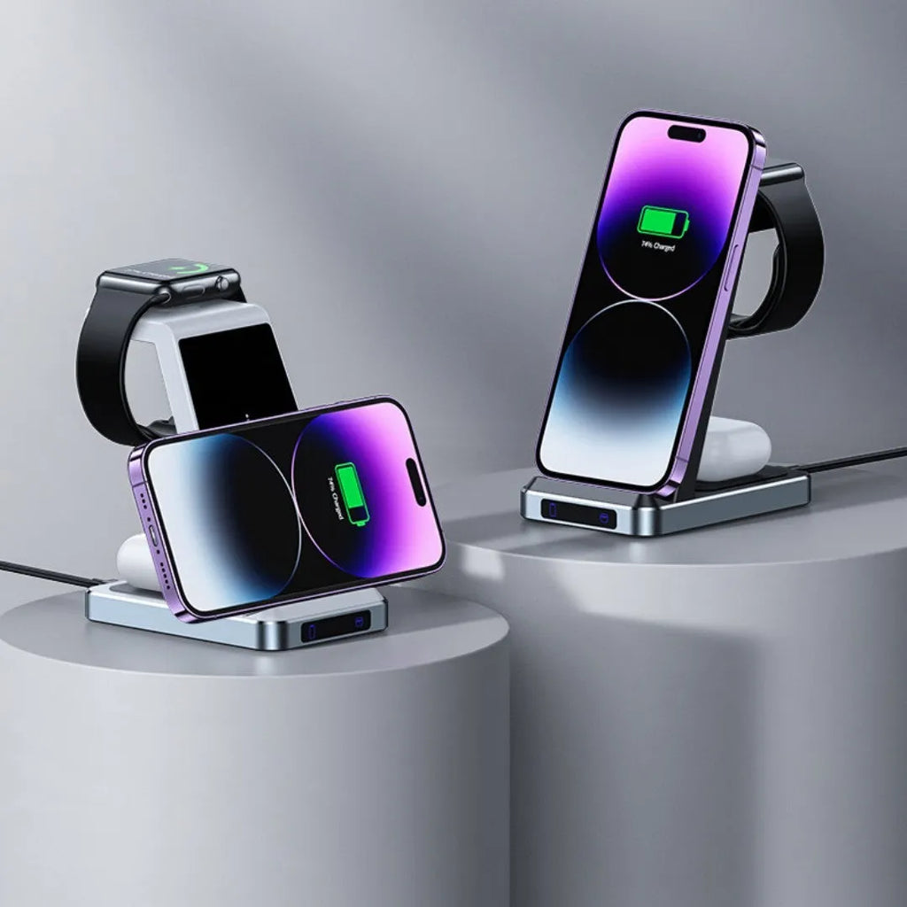 X2 three-in-one wireless charger in black charging a phone, watch, and earbuds on a desk