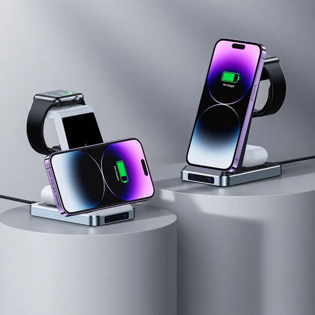 X2 three-in-one wireless charger in black charging a phone, watch, and earbuds on a desk