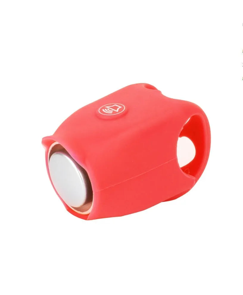 Electronic bicycle horn with plastic housing in six colour options showing compact dimensions for handlebar mounting