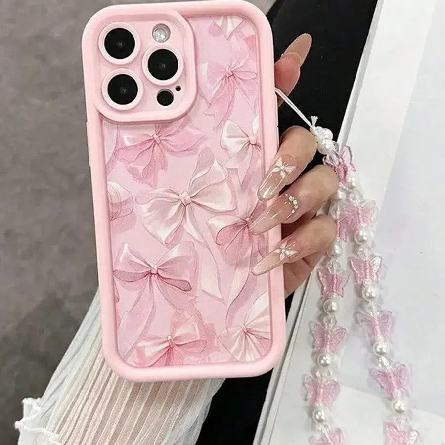 Pink TPU phone case with cartoon butterfly bracelet for iPhone 11 to 17 series