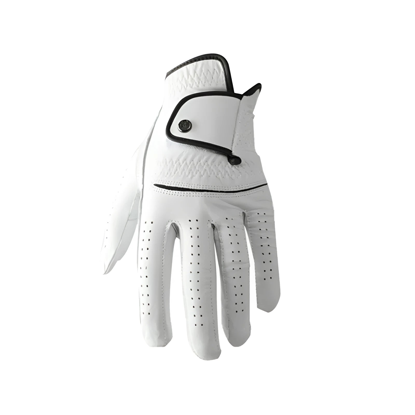 Men's white half sheepskin leather golf glove showing non-slip palm detail.