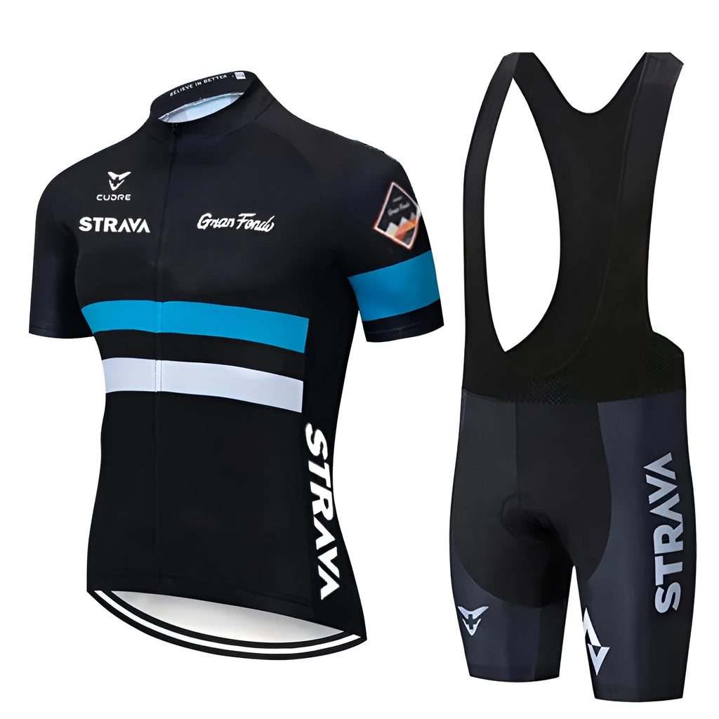 Men's cycling jersey and bib shorts set with COOLMAX gel pad, polyester and lycra, sizes XS to 4XL
