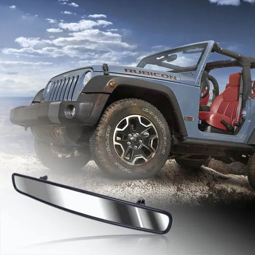 Black off-road wide-angle rearview mirror mounted on Polaris RZR roll cage