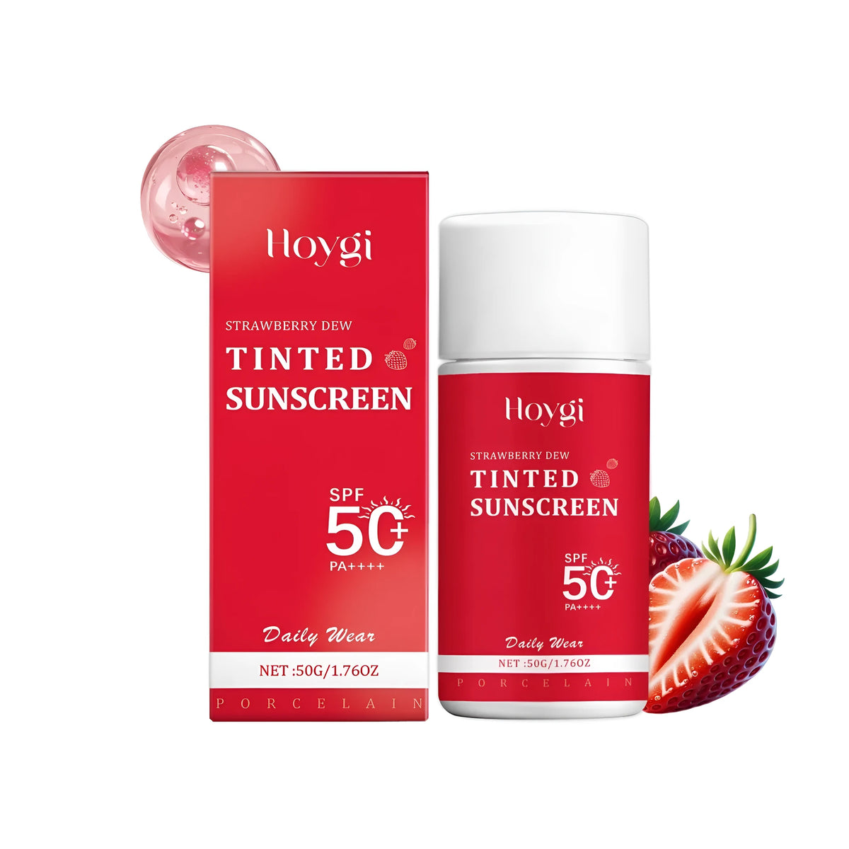 Strawberry Dew Tinted Sunscreen 50g tube with water-based formula, titanium dioxide and strawberry extract