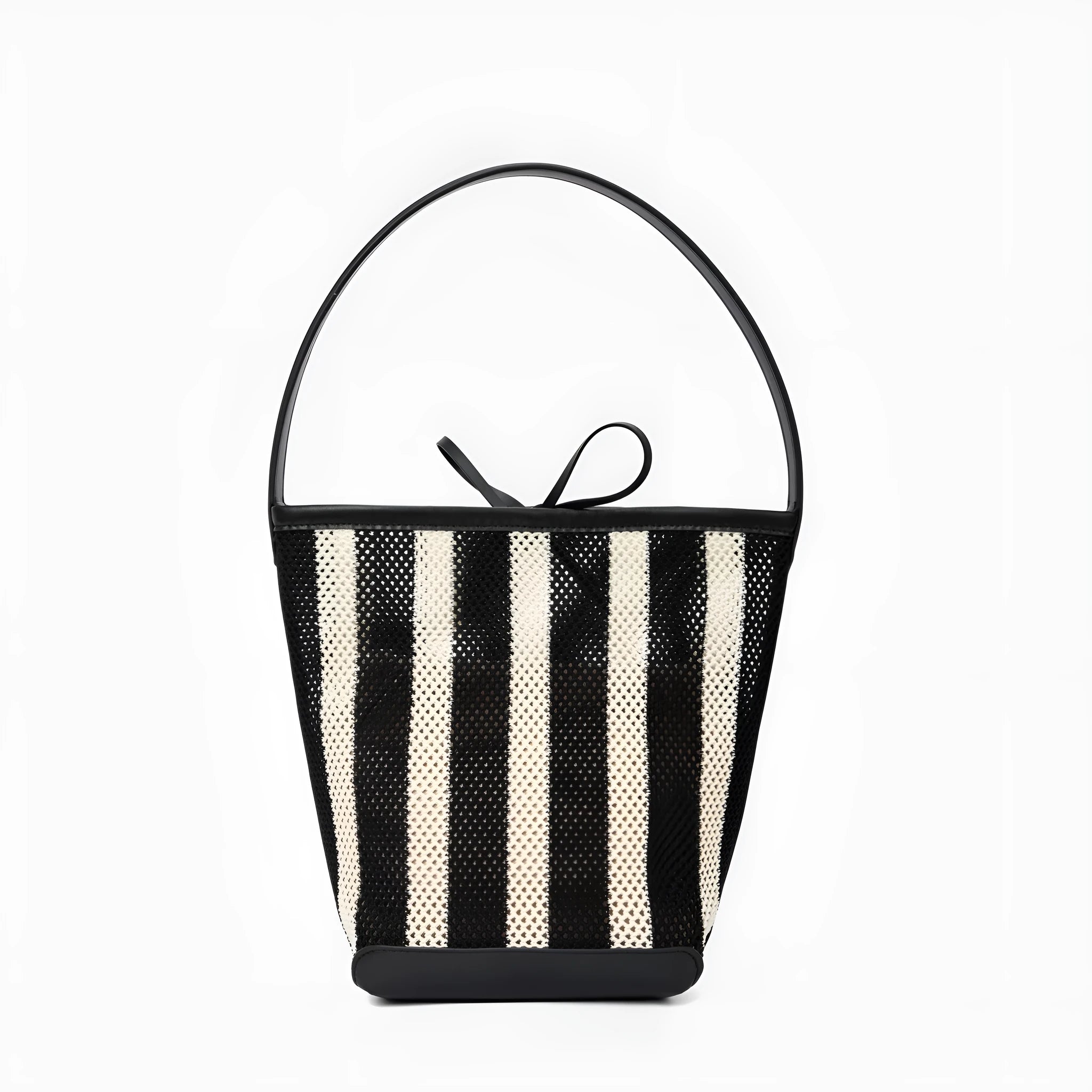 Black and white striped woven fabric women's shoulder bag with bucket-type design measuring 28x18x13cm