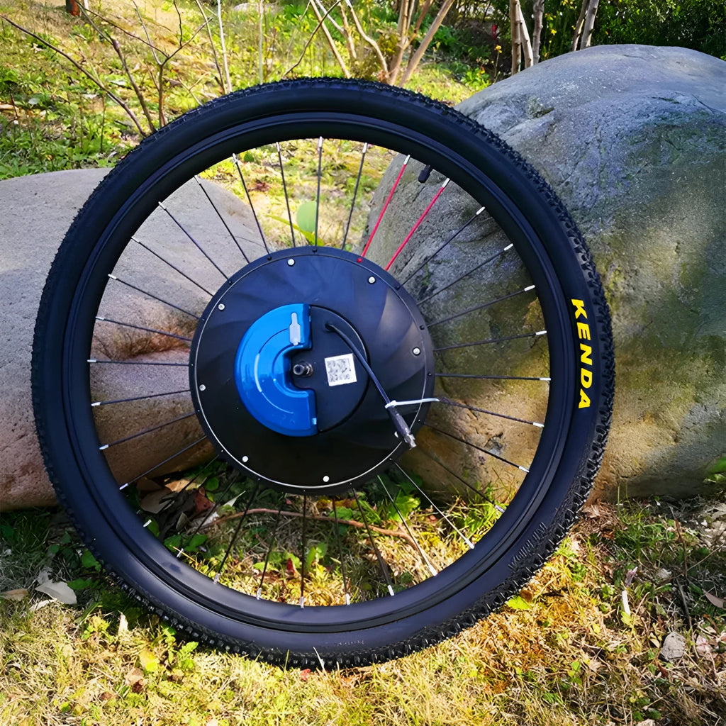 Yunzhilun electric bicycle conversion kit for 26-inch bikes showing iMotor 3.0 wheel, lithium battery, and charger.