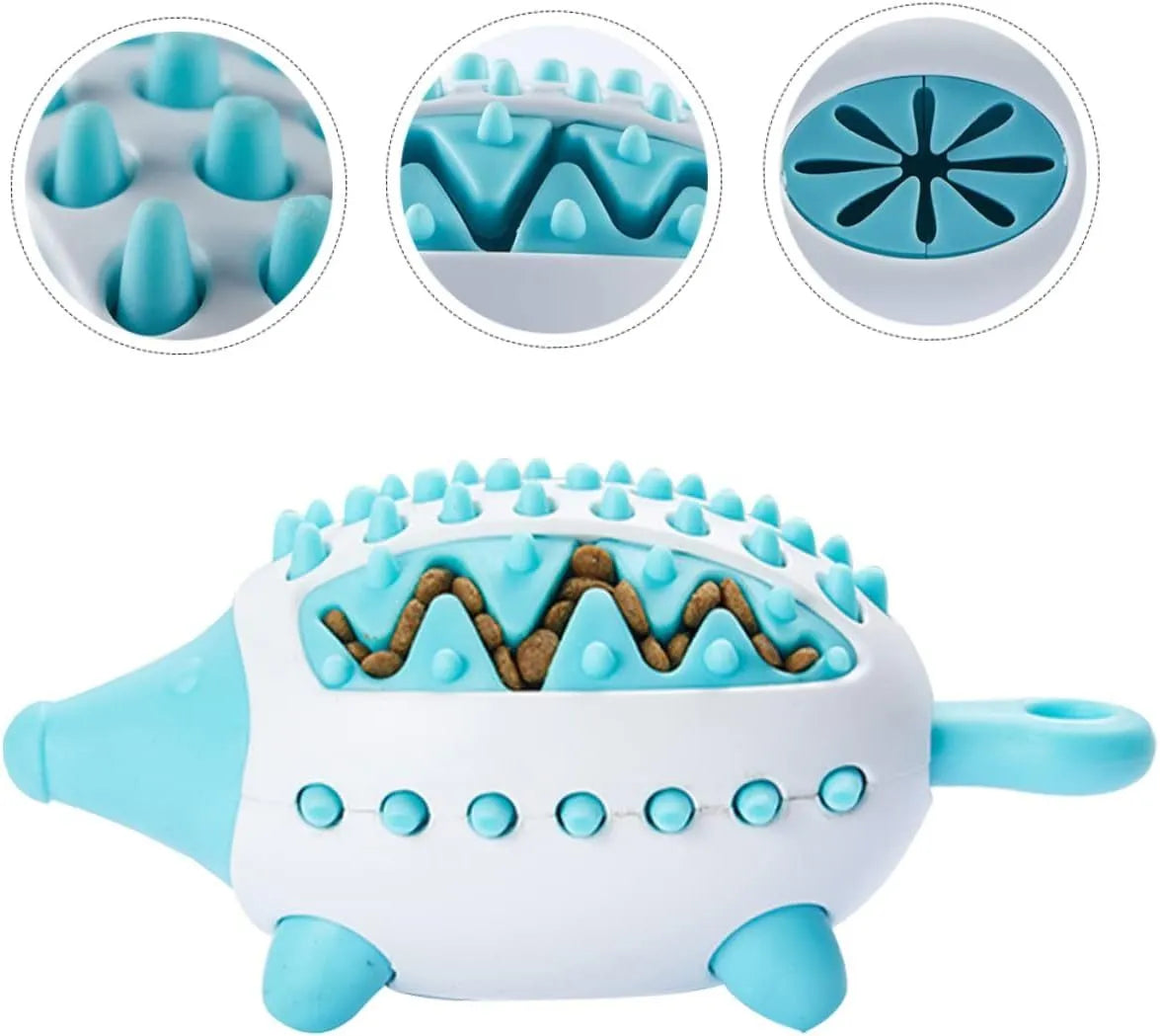 Dog toy treat dispensing squeaky ball in blue green and pink colours