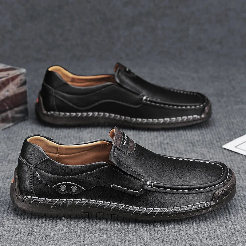 Large size handmade men's leather outdoor shoes in black with flat rubber sole