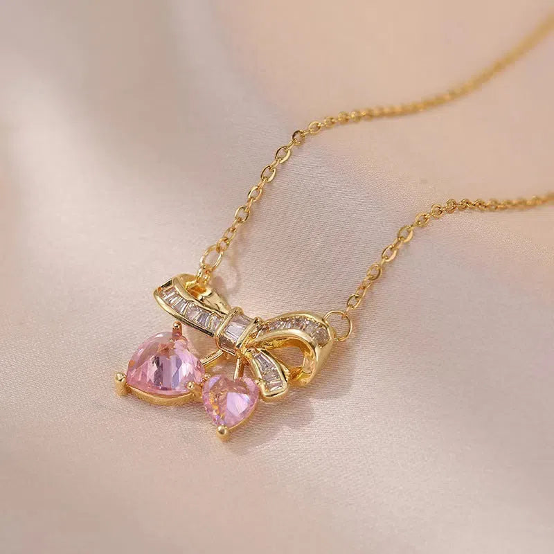 Titanium steel bow necklace collarbone chain in gold or steel colour with bow pendant