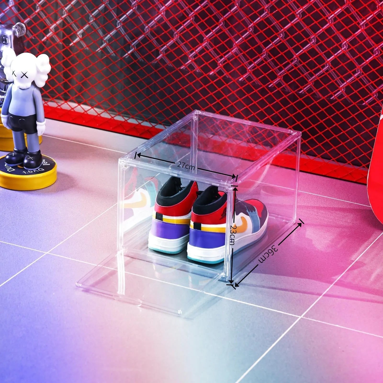 Transparent acrylic shoe storage box with magnetic side door and lid
