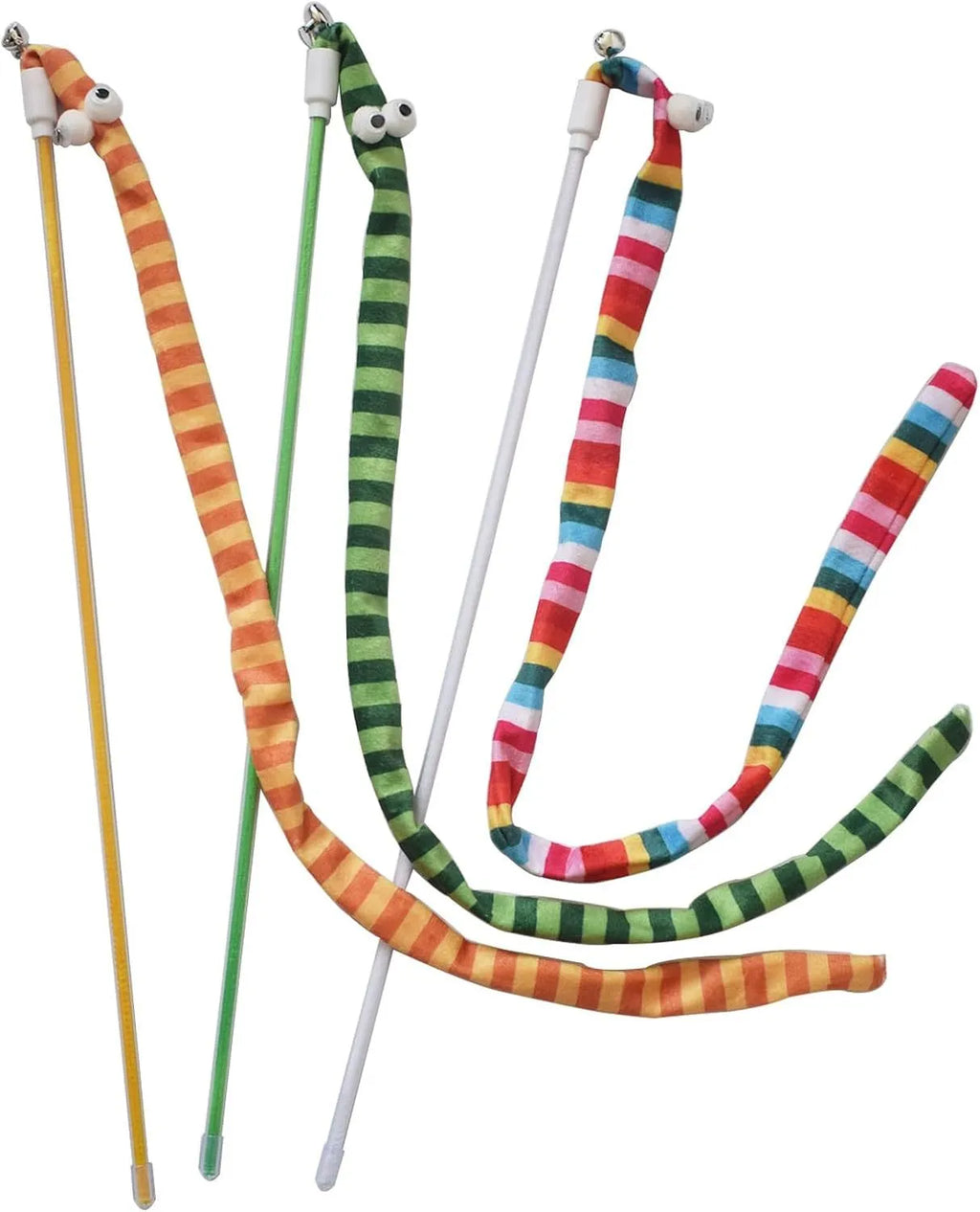 Cat teaser wand toy with long colourful plush strip on a polycarbonate handle