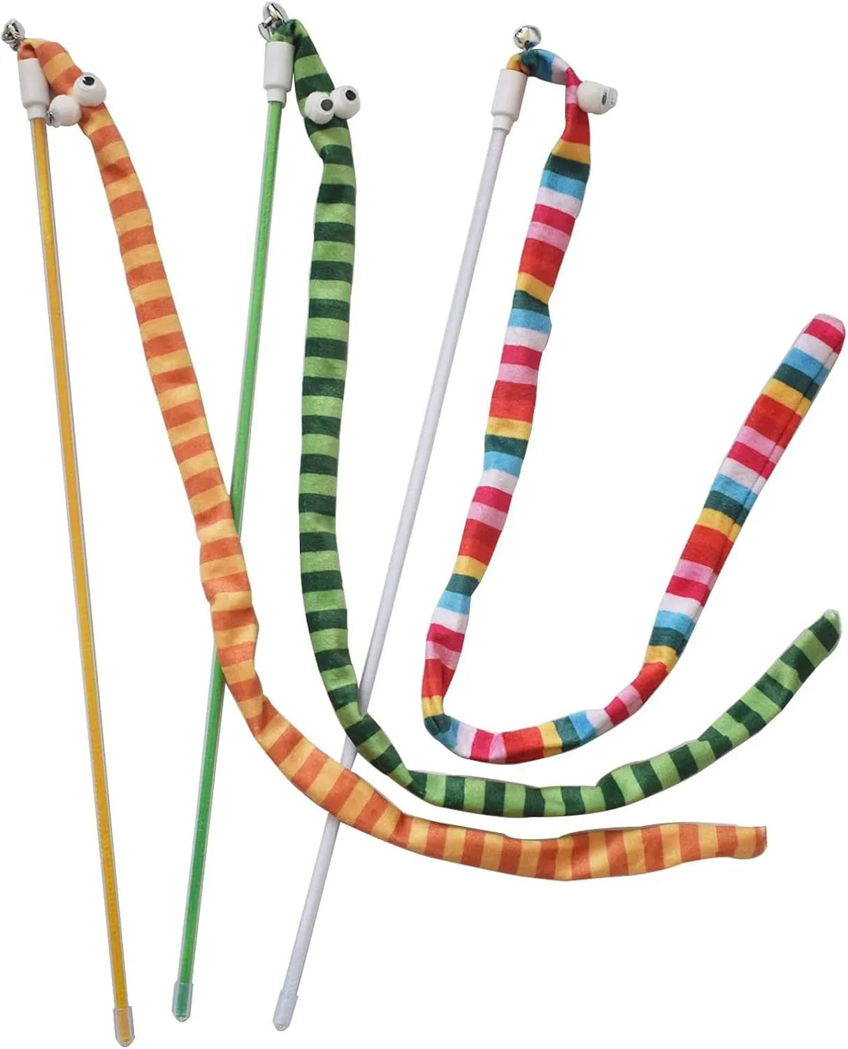 Cat teaser wand toy with long colourful plush strip on a polycarbonate handle