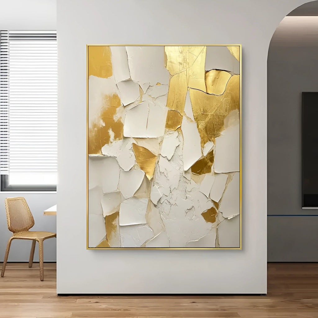 Handmade golden and white abstract oil painting on canvas, vertical orientation, no frame