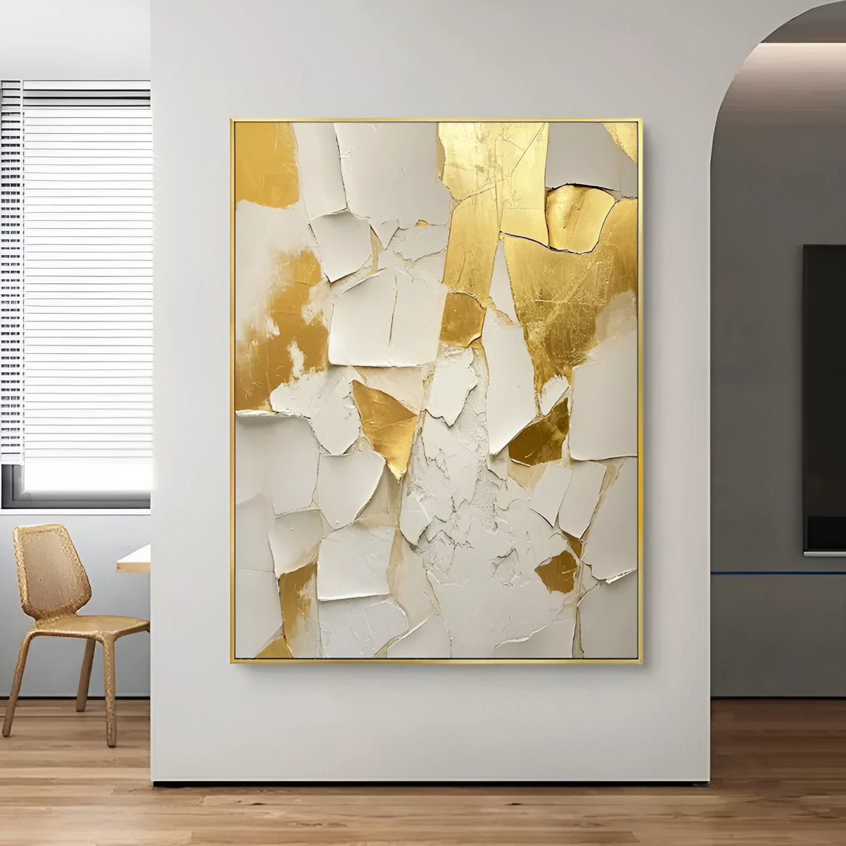 Handmade golden and white abstract oil painting on canvas, vertical orientation, no frame