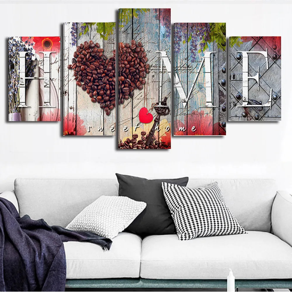 Set of five red unframed oil painting canvases in various sizes for wall decoration.