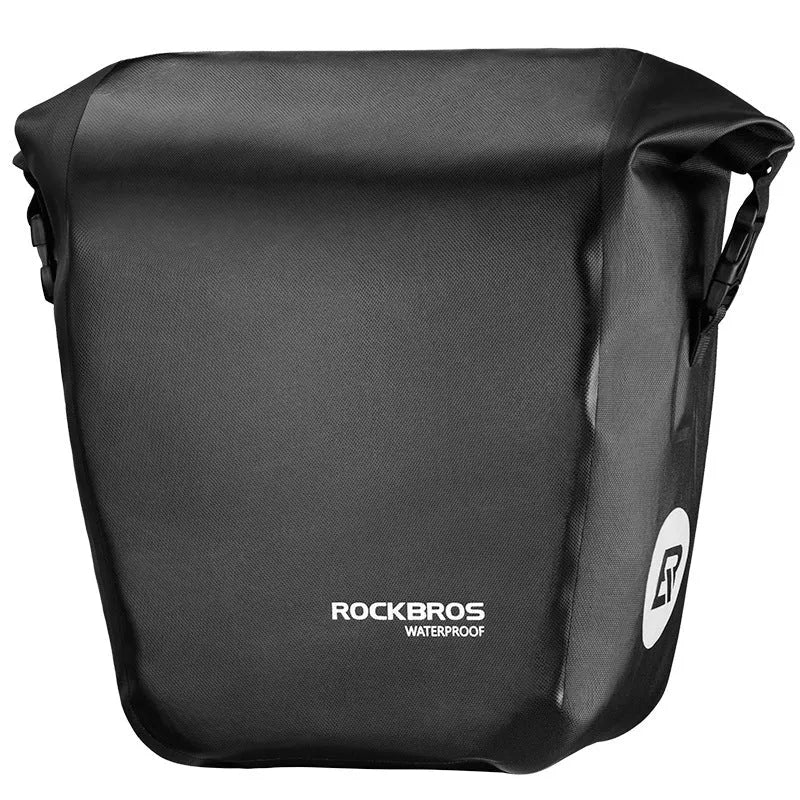 Bicycle waterproof bag made of nylon cloth and waterproof fabric, black colour, shown on a bike for cycling storage