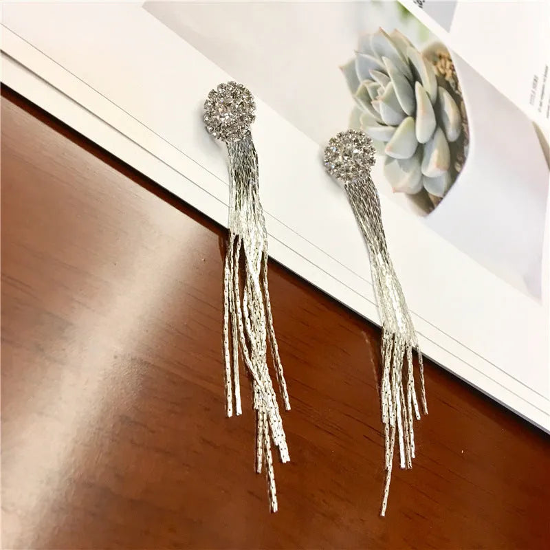 Silver plated crystal tassel drop earrings for women, Korean style dressing accessory