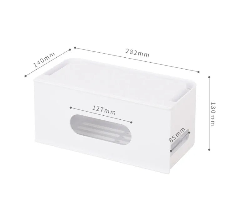 Gray and white plastic wireless router storage box with cable management compartments