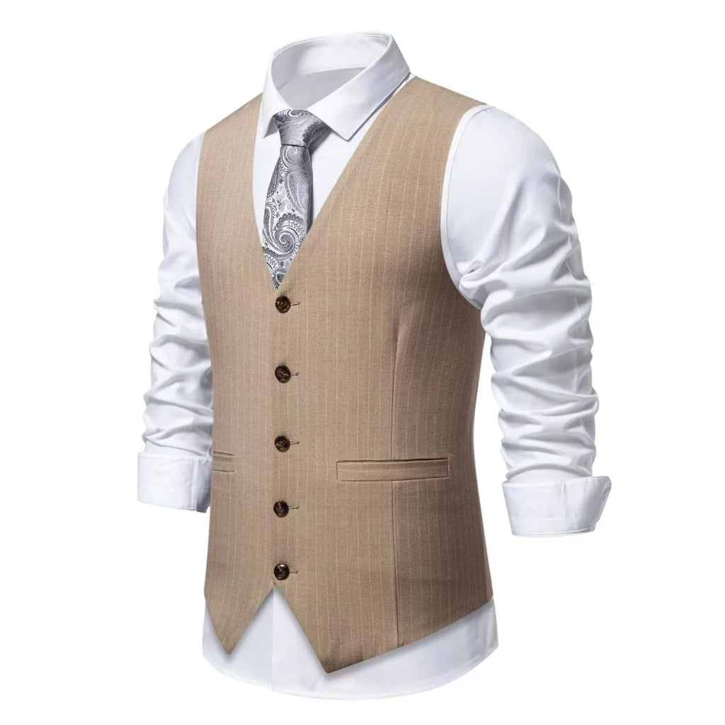 Men's striped business suit vest with non-ironing polyester fabric in black, khaki or red patterns