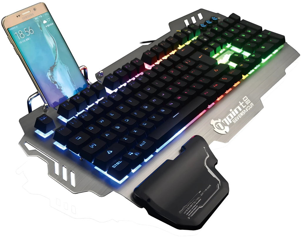 Silver gray wired mechanical gaming keyboard with metal wire frame and mixed light effects on a desktop