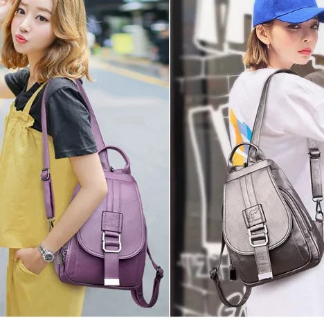 Women's waterproof PU leather backpack in medium size with double straps, available in five colours