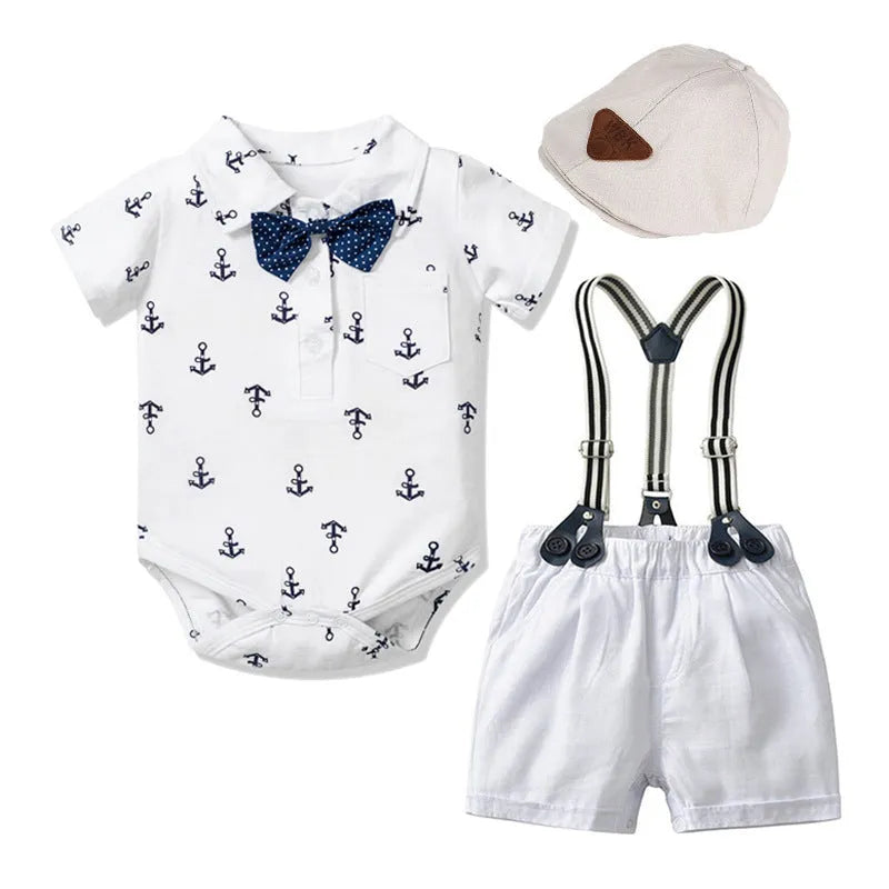 Baby boy wearing cotton gentleman print romper with triangle climbing design in blue colour