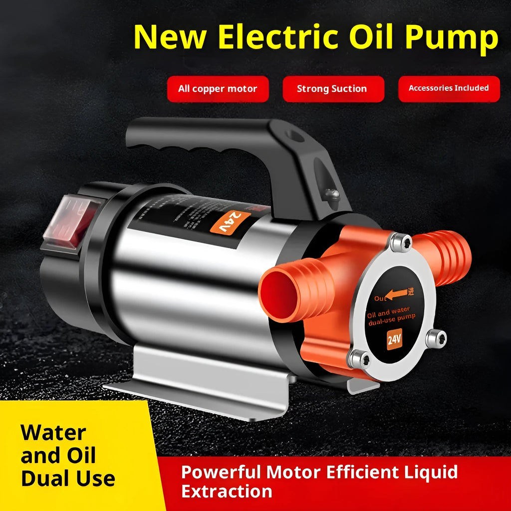 24V DC dual-use oil water pump with stainless steel body on white background