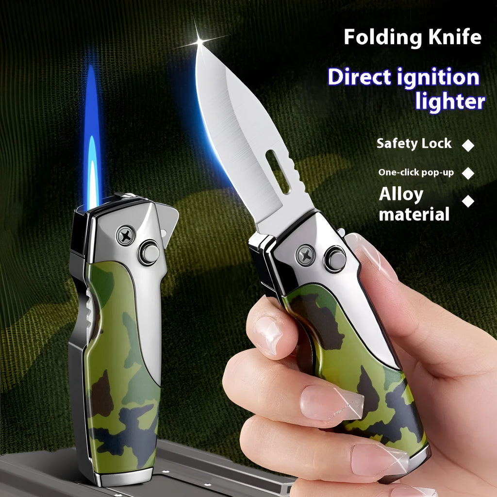 Metal folding lighter tool with integrated knife, shown in a selection of carbon fibre, camouflage, and wood grain finishes.